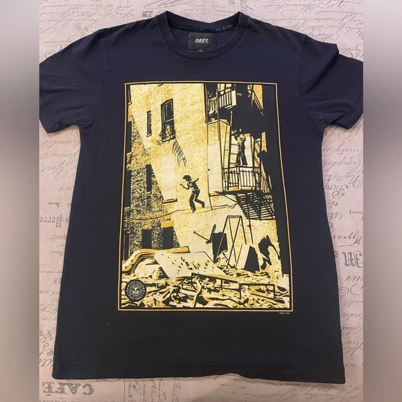 Obey Navy Tee with Gold Urban Graphic - Picture 1 of 3